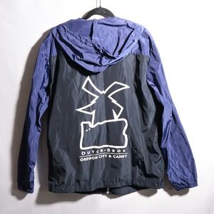 Dutch Bros Oregon City Canby Windbreaker Jacket Blue Black Hooded 2XL Broista DB
